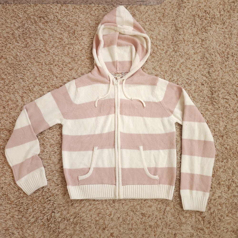 Pink Republic Zip Up Hoodie Kids Medium Pink Cream Striped Knit Sweater